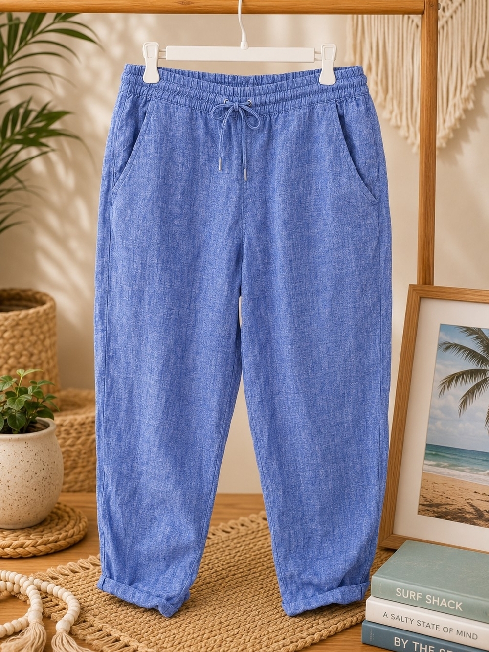 H&M L.O.G.G. 100% Cotton Blue Drawstring Pull-On Pants Women's Size 10 Casual